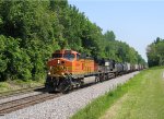 BNSF 4955 leads an NS train up the hill at Five Row